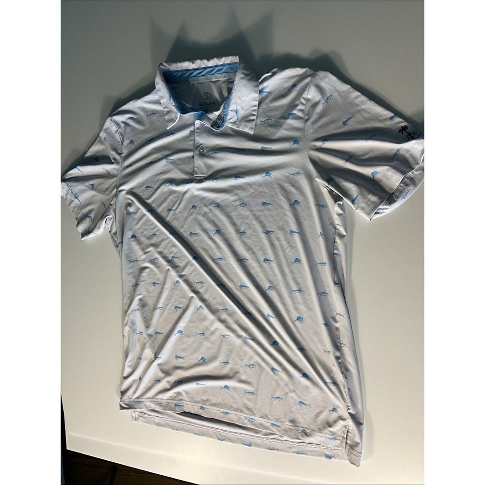 Scales Performance Polo Shirt Medium White Blue Fish Print Fishing